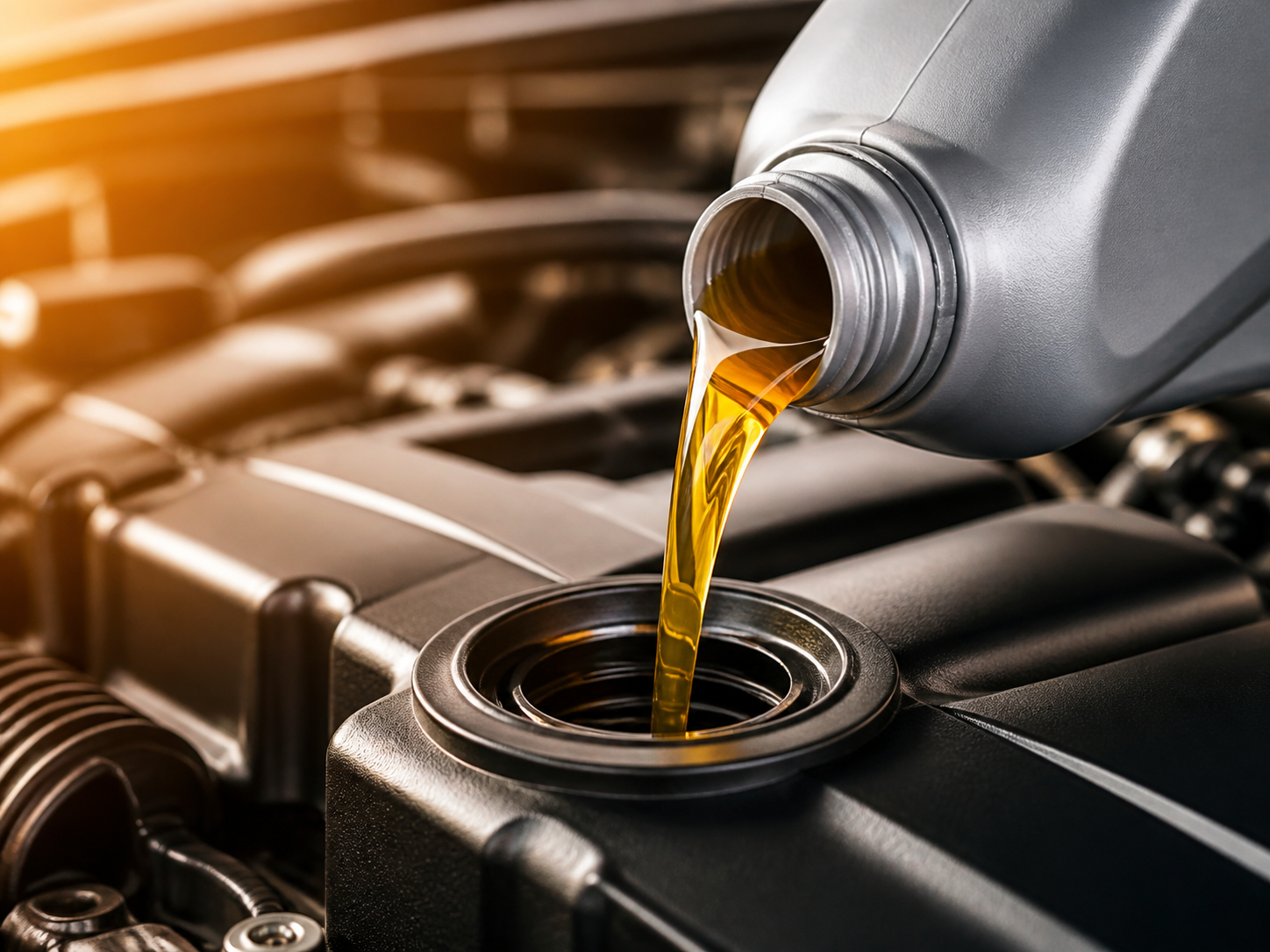 Clean motor oil being poured into an engine